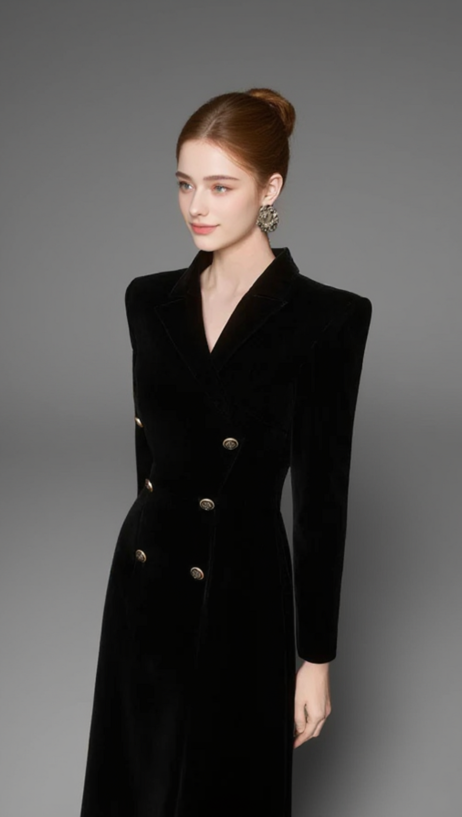 CALORIA ASYMMETRIC NOTCH LAPEL VELVET MIDI DRESS