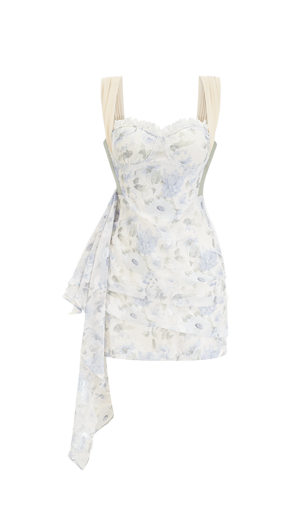AIIZIE FLORAL PRINT RUCHED MINI DRESS IN WHITE - product image