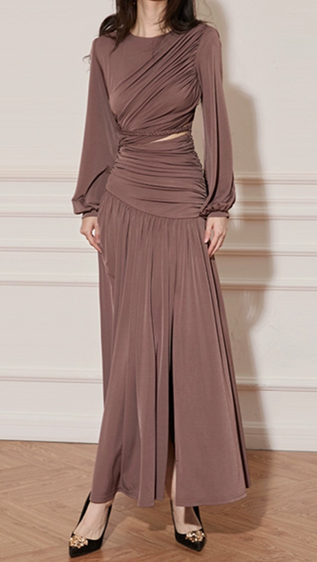 PLEATED CUTOUT CHIFFON MAXI DRESS IN PALE BROWN