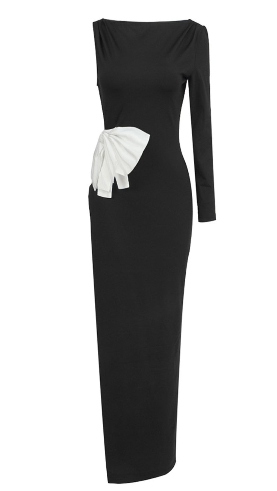 Rückenfreies Maxikleid mit Schleife und einem Ärmel in Schwarz