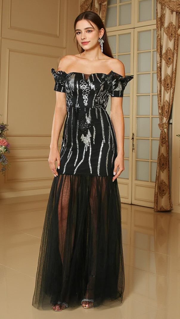 AIIZIE BODYCON OFF THE SHOULDER LONG PROM DRESS IN BLACK - product image