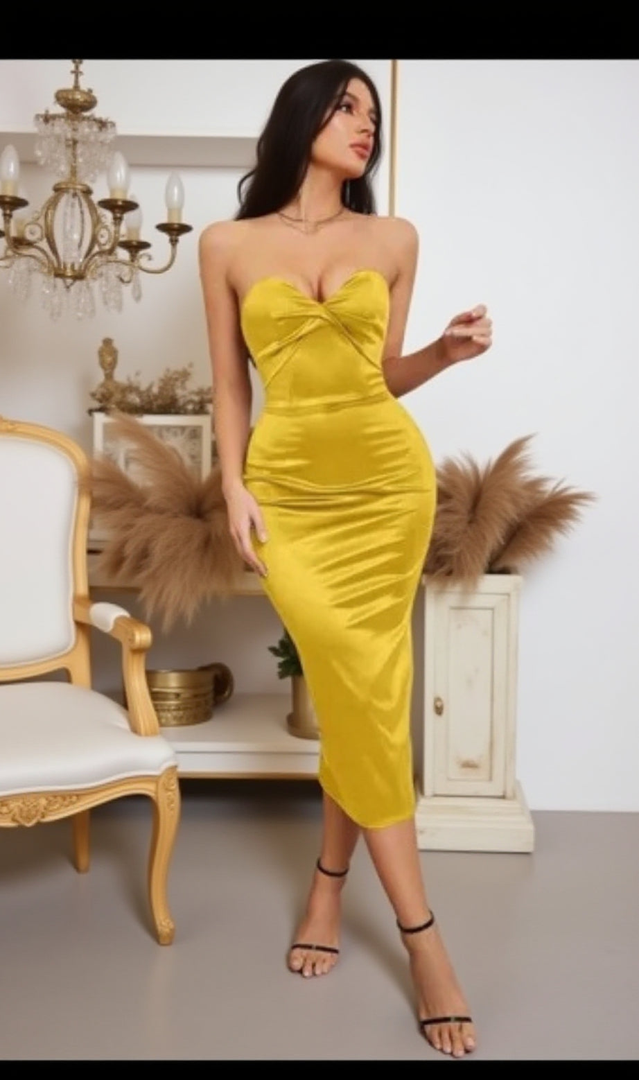 backless split twist-front bodycon midi dress in gold