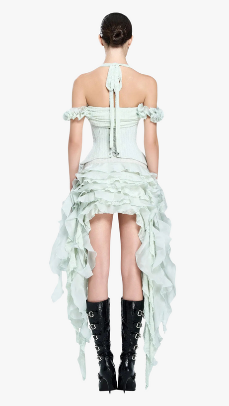 ELVA MINI ABITO CON SCOLLO A V, FIORI TRIDIMENSIONALI E NAPPE IRREGOLARI IN MENTA