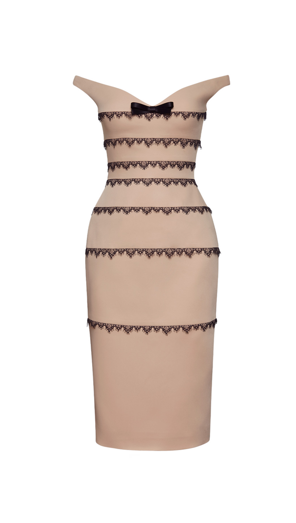 AIIZIE NUDE OFF-SHOULDER DRESS WITH BLACK LACE TRIMMING DETAIL - product image