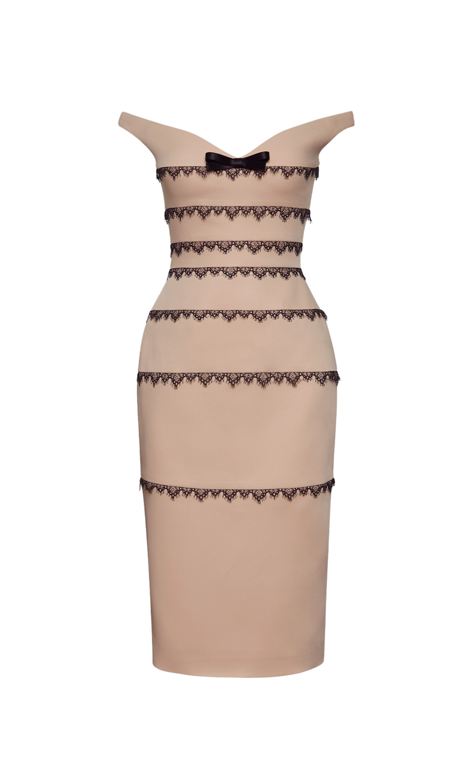 Hautfarbenes, schulterfreies Kleid mit schwarzem Spitzenbesatz