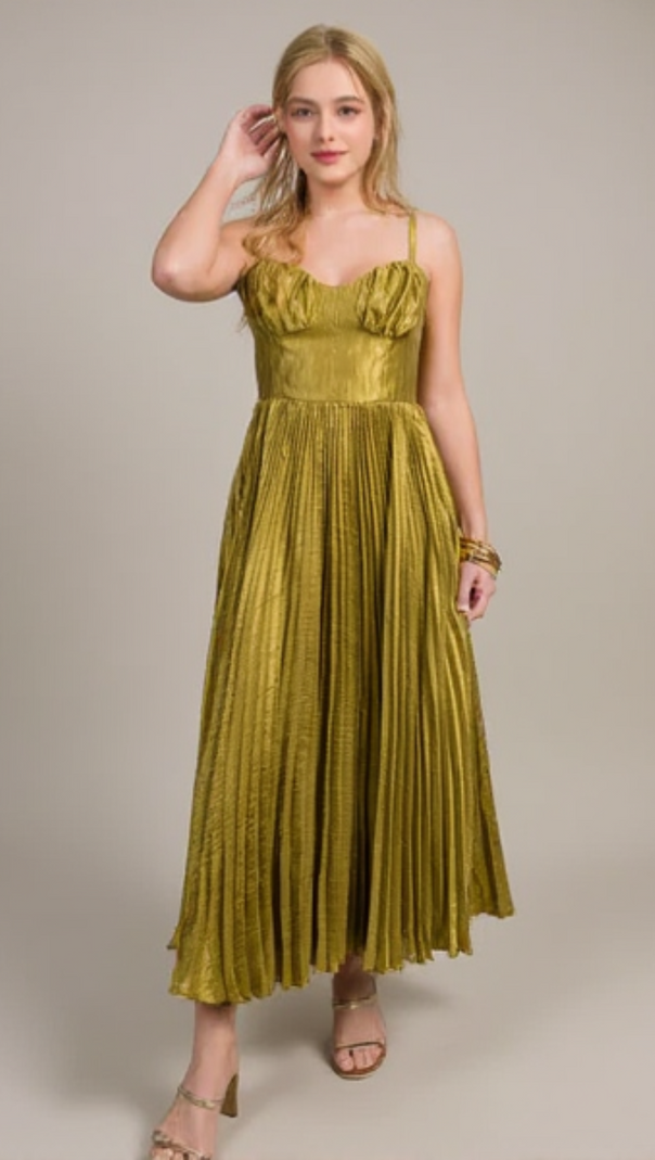 AIIZIE CHARTREUSE SATIN PLEATED MIDI DRESS - product image