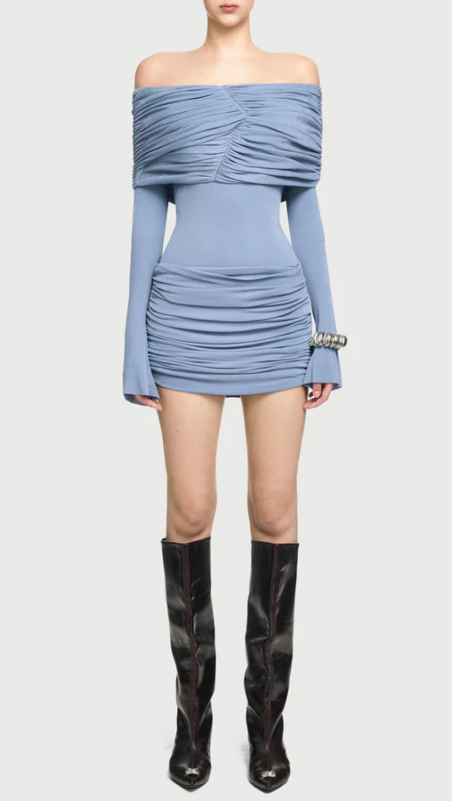 LEKEISHA OFF SHOULDER DRAPED MINI DRESS IN BLUE