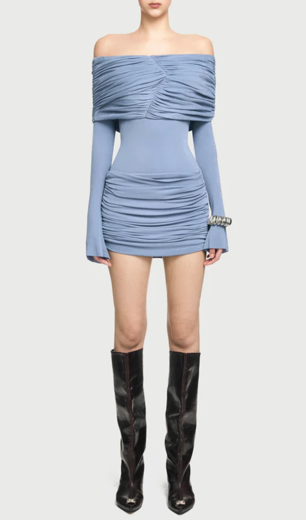 LEKEISHA OFF SHOULDER DRAPED MINI DRESS IN BLUE