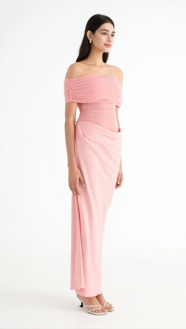 AIIZIE REANKO OFF SHOULDER RUCHED MESH MAXI DRESS IN PINK - product image