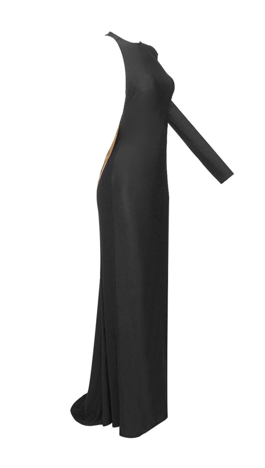 ANGELOU BLACK BACKLESS CHAIN MAXI DRESS