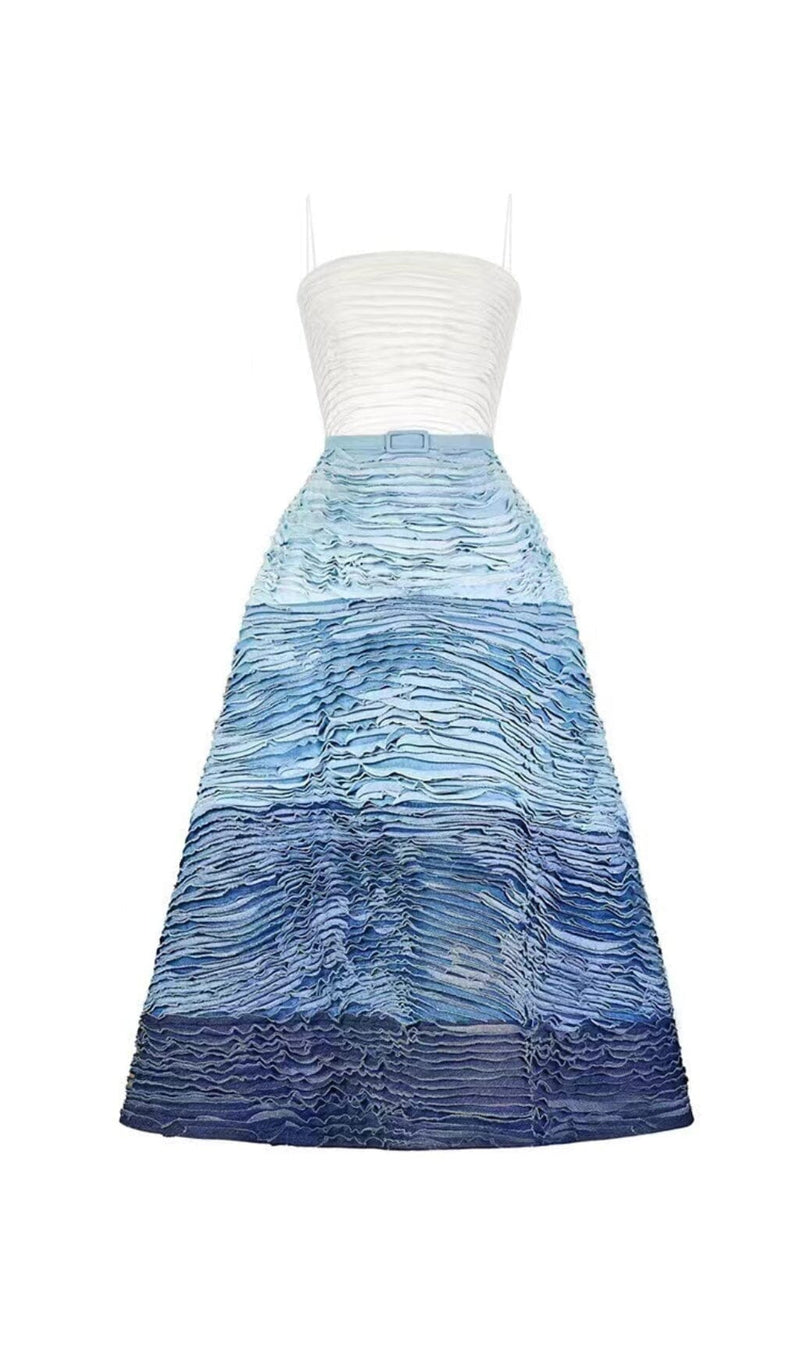 BLUE RIPPLE HALTER MIDI DRESS