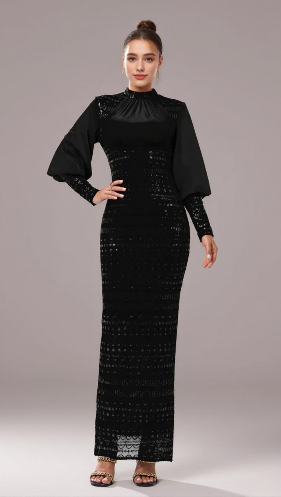 SEQUIN LONG SLEEVE MAXI DRESS IN BLACK