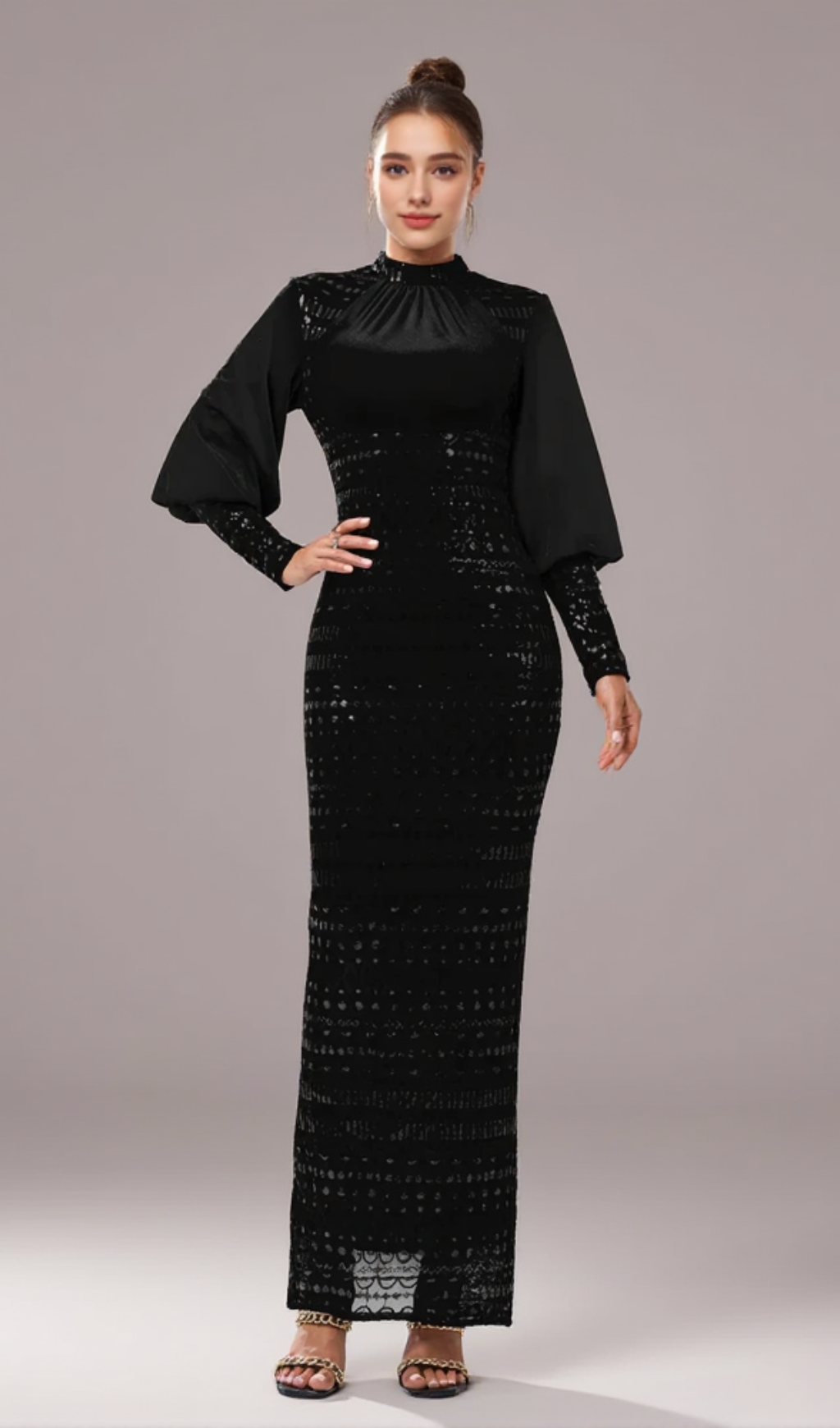 SEQUIN LONG SLEEVE MAXI DRESS IN BLACK