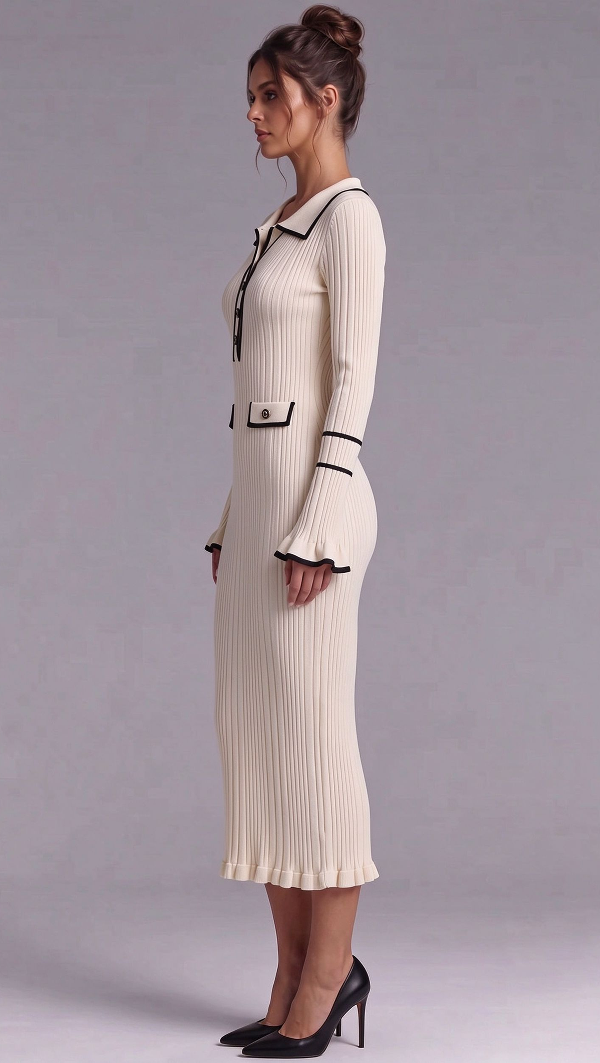 Cream Ribbed Knit Column Dress with Black Contrast Trim