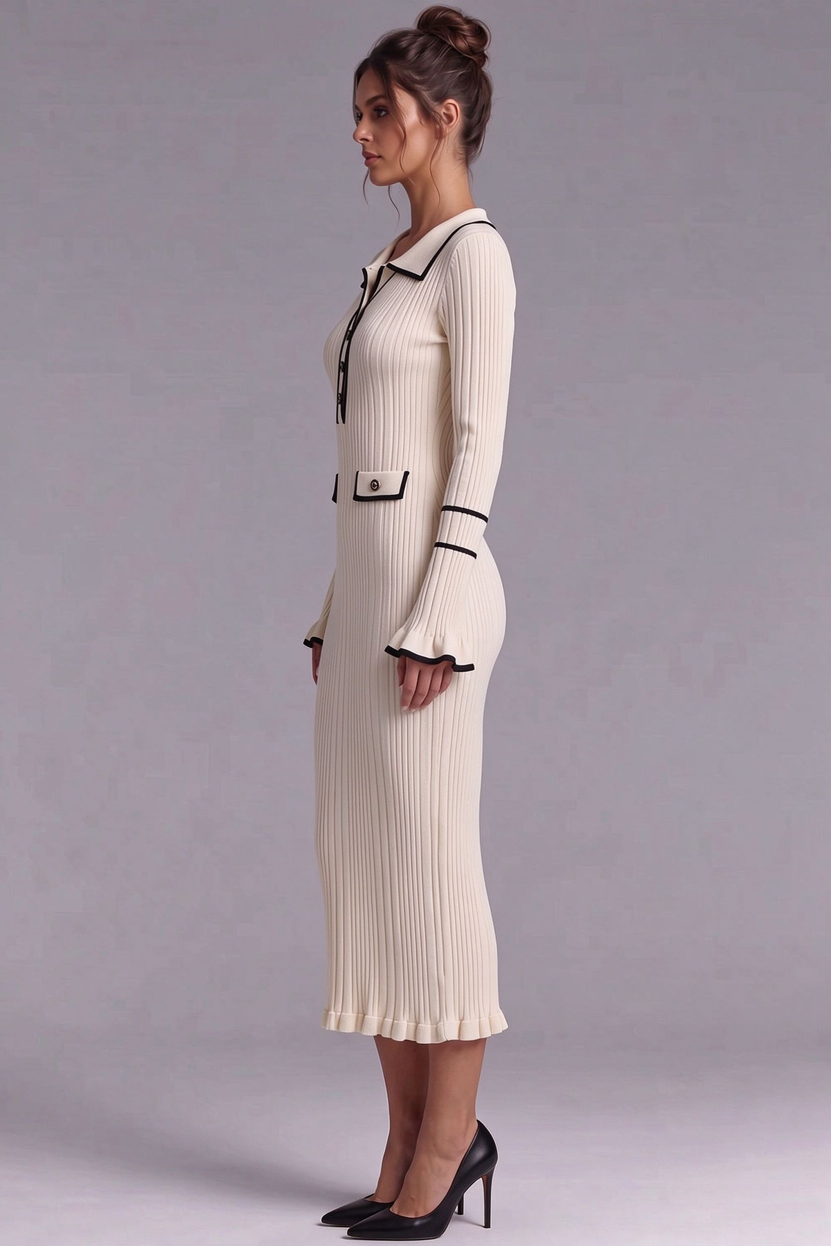 Cream Ribbed Knit Column Dress with Black Contrast Trim