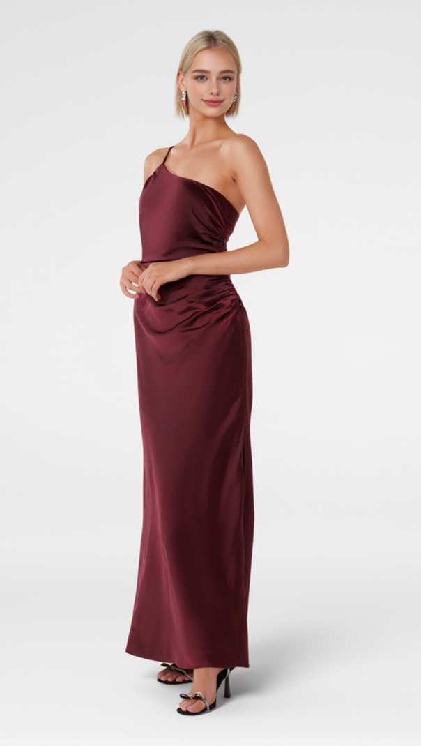 AIIZIE BORDEAUX ONE SHOULDER SATIN MAXI DRESS - product image