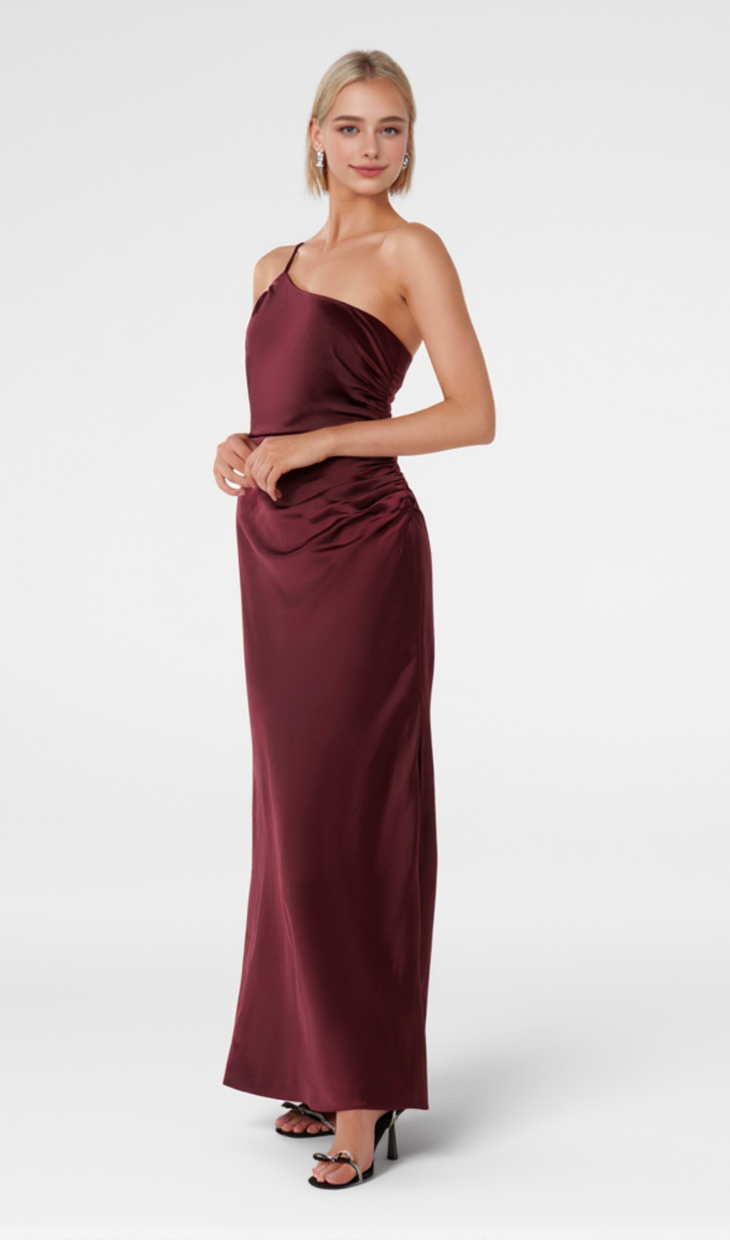 BORDEAUX ONE SHOULDER SATIN MAXI DRESS