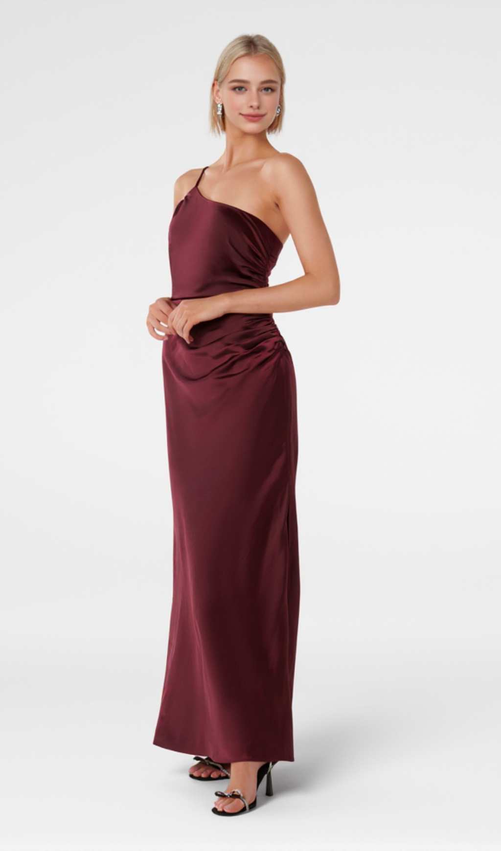 BORDEAUX ONE SHOULDER SATIN MAXI DRESS