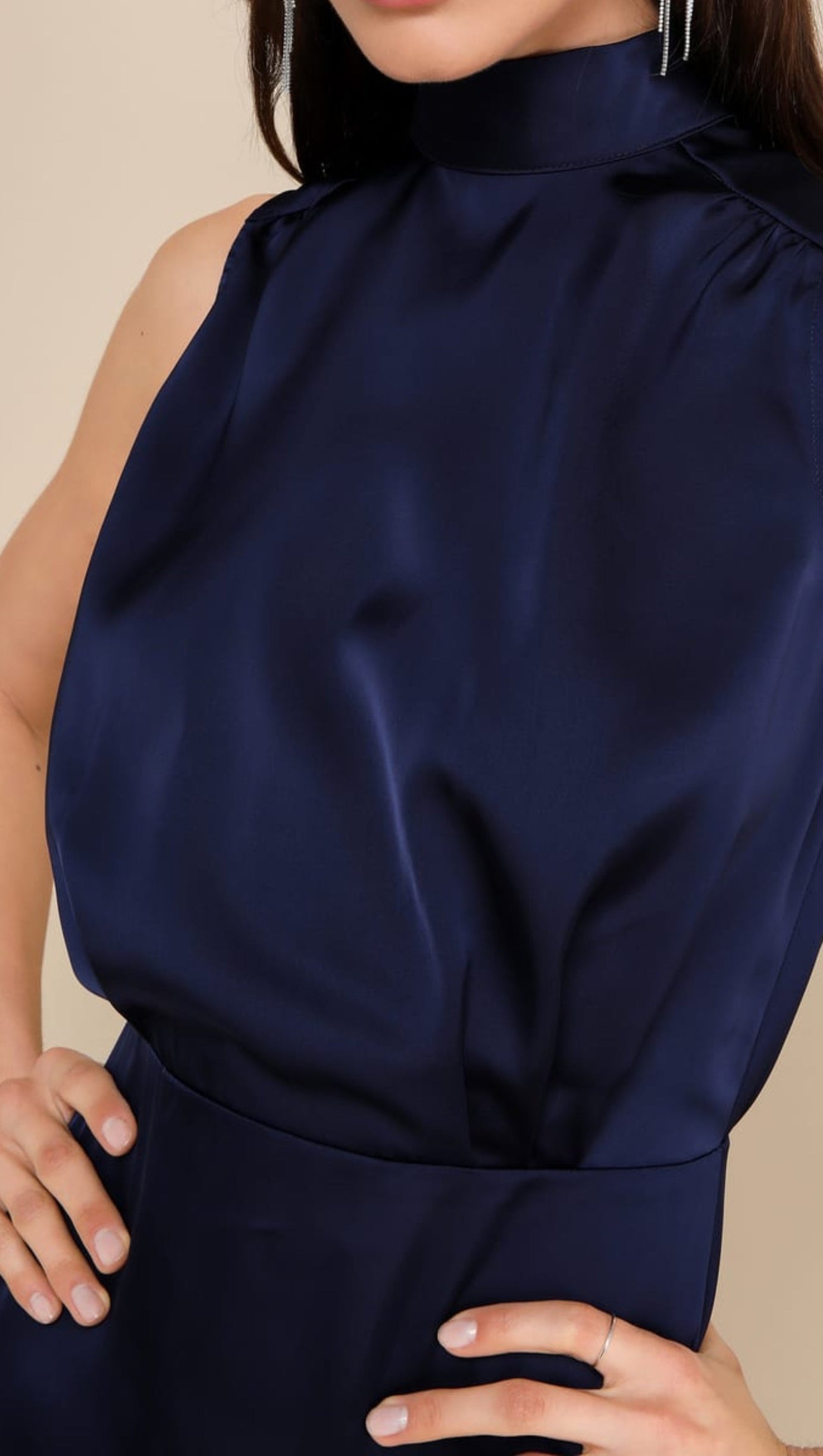 NAVY SATIN SLEEVELESS MOCK NECK MINI DRESS