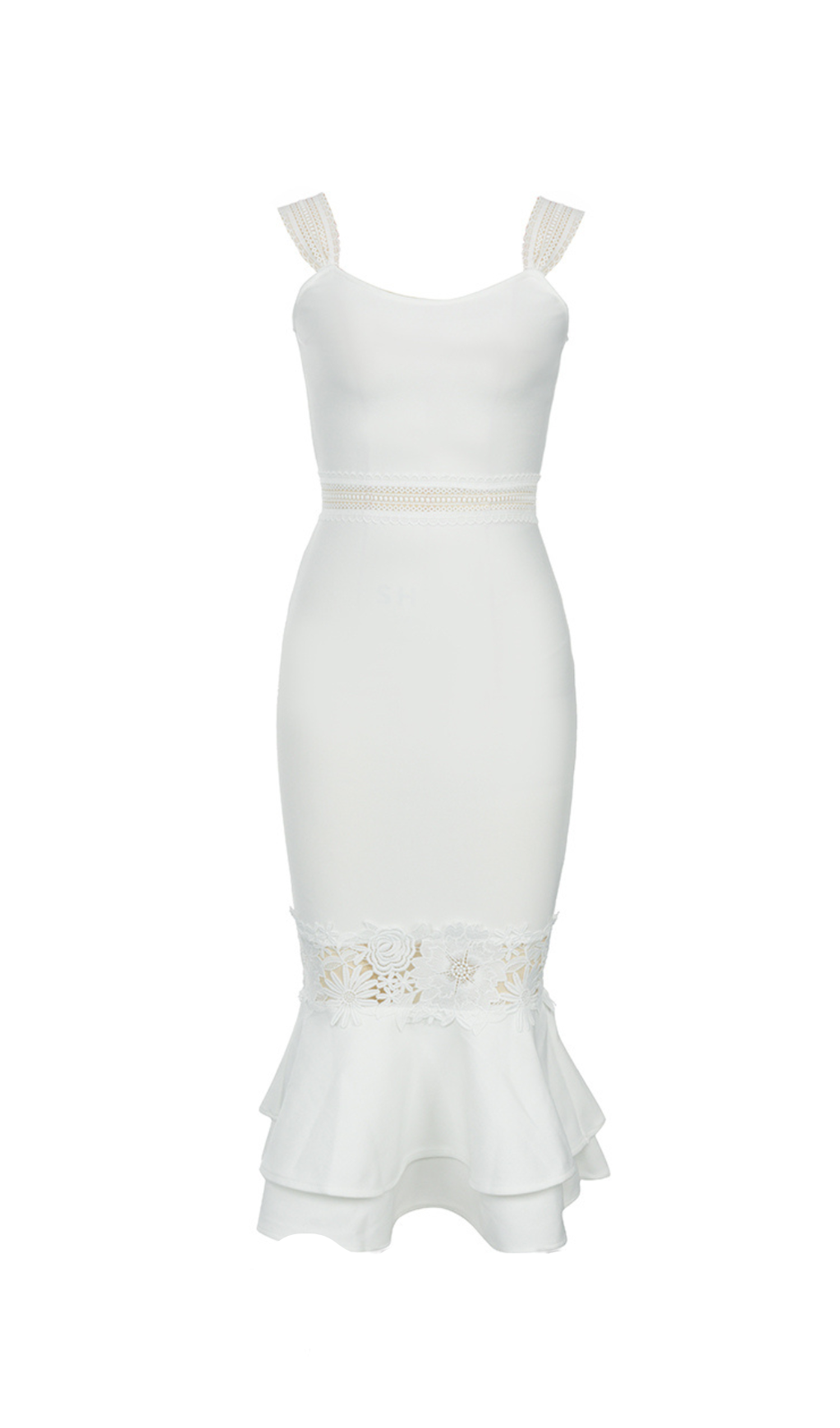 AGATHA MERMAID HEM FLORAL LACE BANDAGE MIDI DRESS IN WHITE