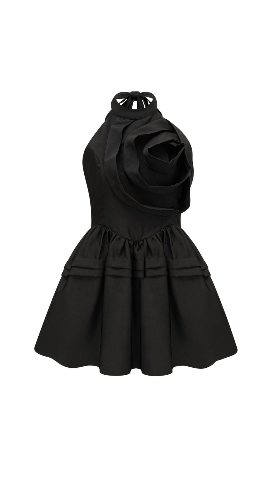 MINI ABITO CON SCOLLO ALL'AMERICANO E APPLICAZIONI FLOREALI IN NERO 