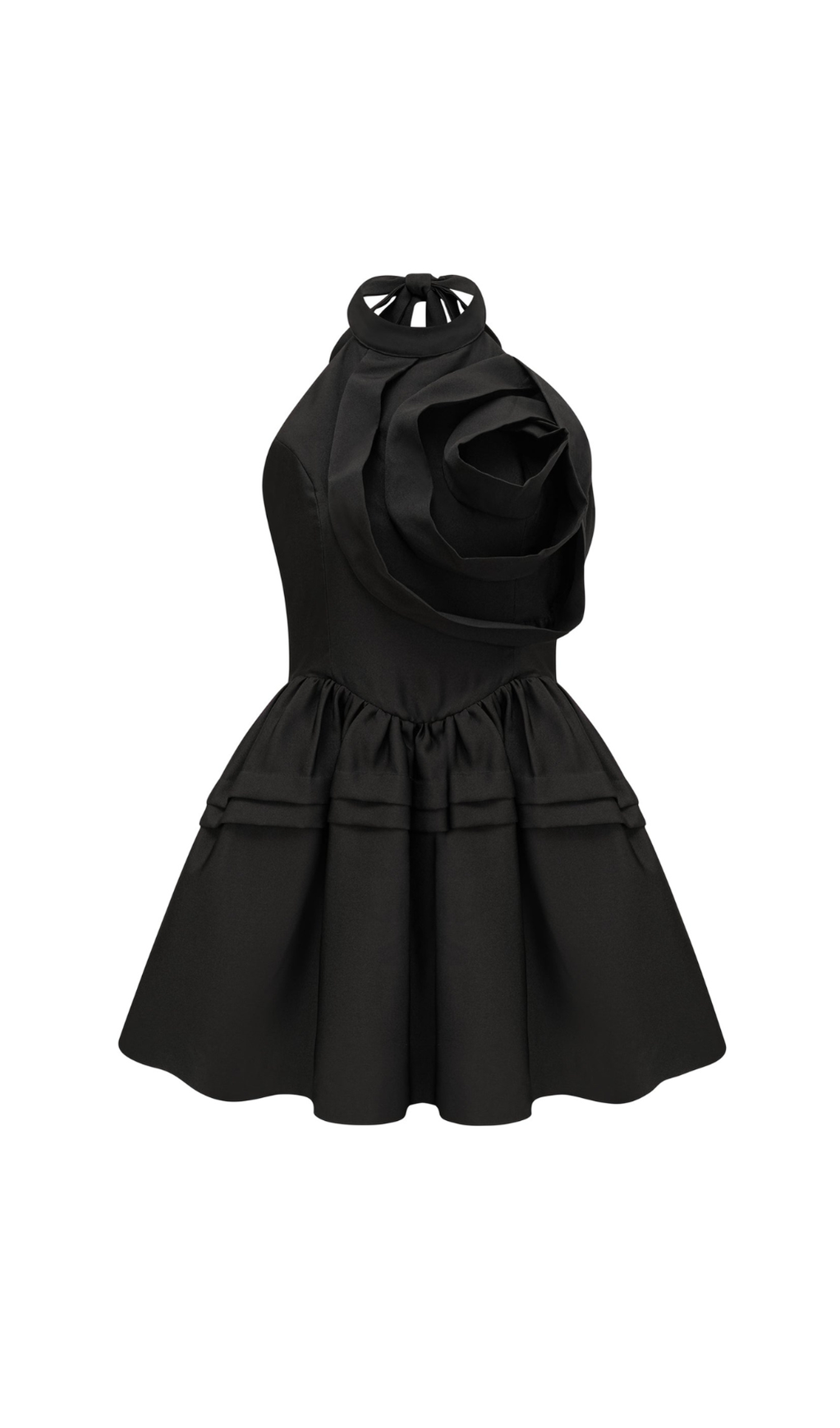 MINI ABITO CON SCOLLO ALL'AMERICANO E APPLICAZIONI FLOREALI IN NERO 