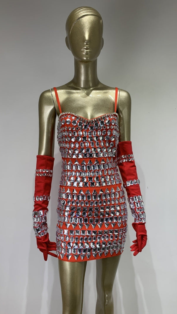 AIIZIE CRYSTAL EMBELLISHED BANDAGE DRESS WITH GLOVES IN RED - product image