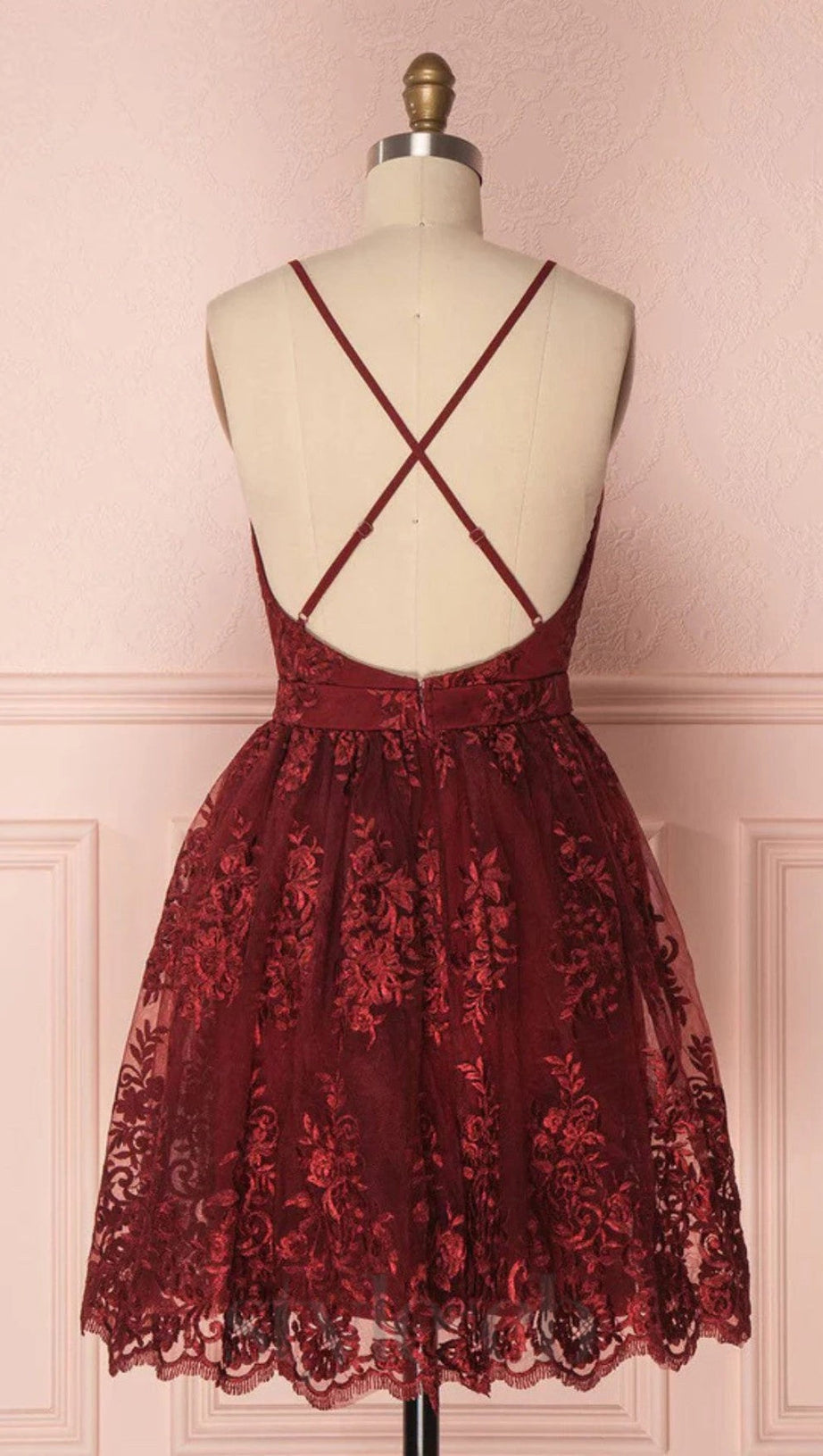 V NECK TULLE LACE SHORT BURGUNDY PROM DRESSES