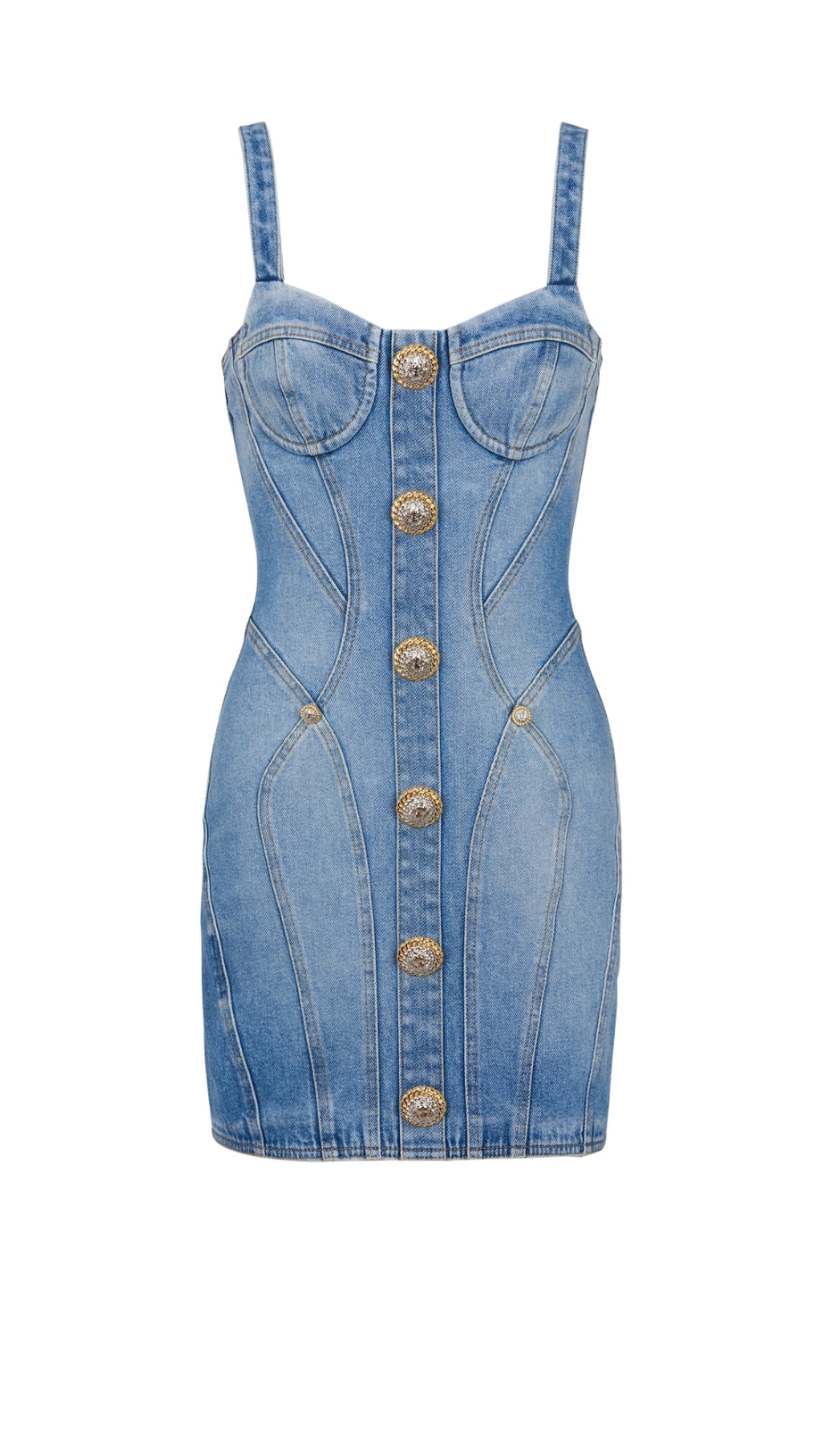 BUTTONED DENIM MINI DRESS IN BLUE