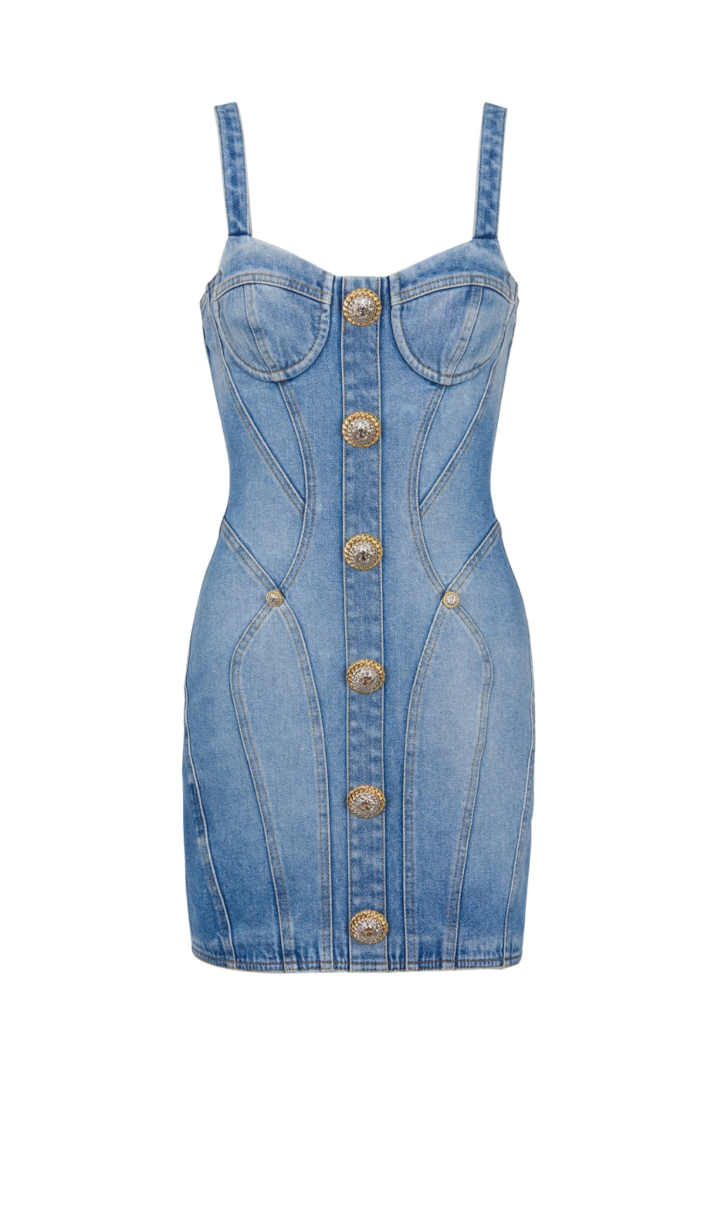 BUTTONED DENIM MINI DRESS IN BLUE