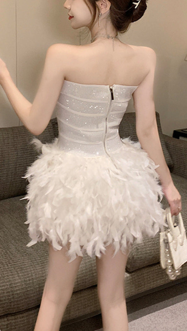 AIIZIE RHINESTONE FEATHER STRAPLESS MINI DRESS IN WHITE - product image