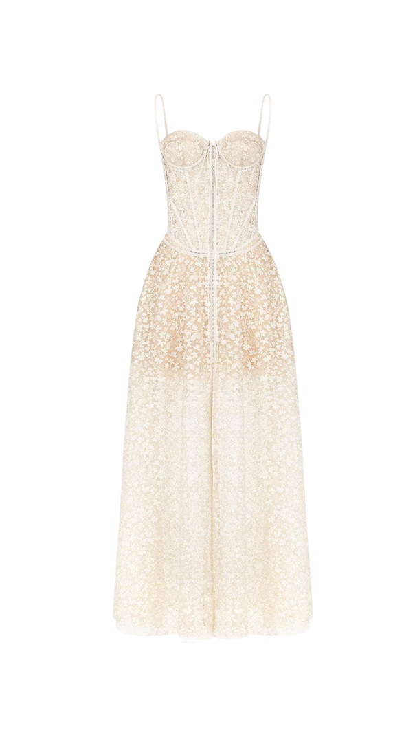 AIIZIE TESS LACE STITCHING HOLLOW SLIT MAXI DRESS IN APRICOT - product image