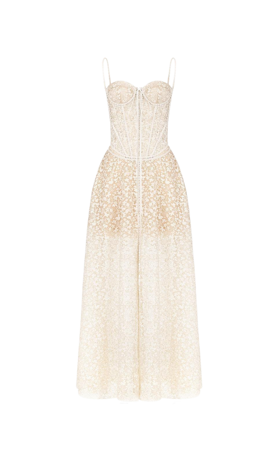 TESS LACE STITCHING HOLLOW SLIT MAXI DRESS IN APRICOT