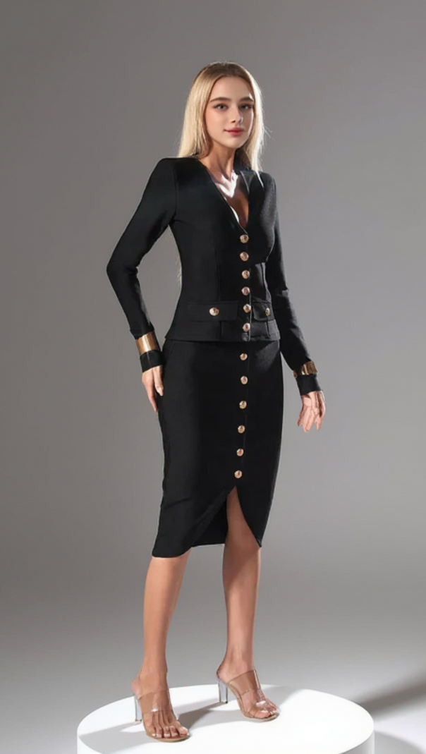 AIIZIE LONG SLEEVE SINGLE BREASTED BANDAGE SET IN BLACK - product image