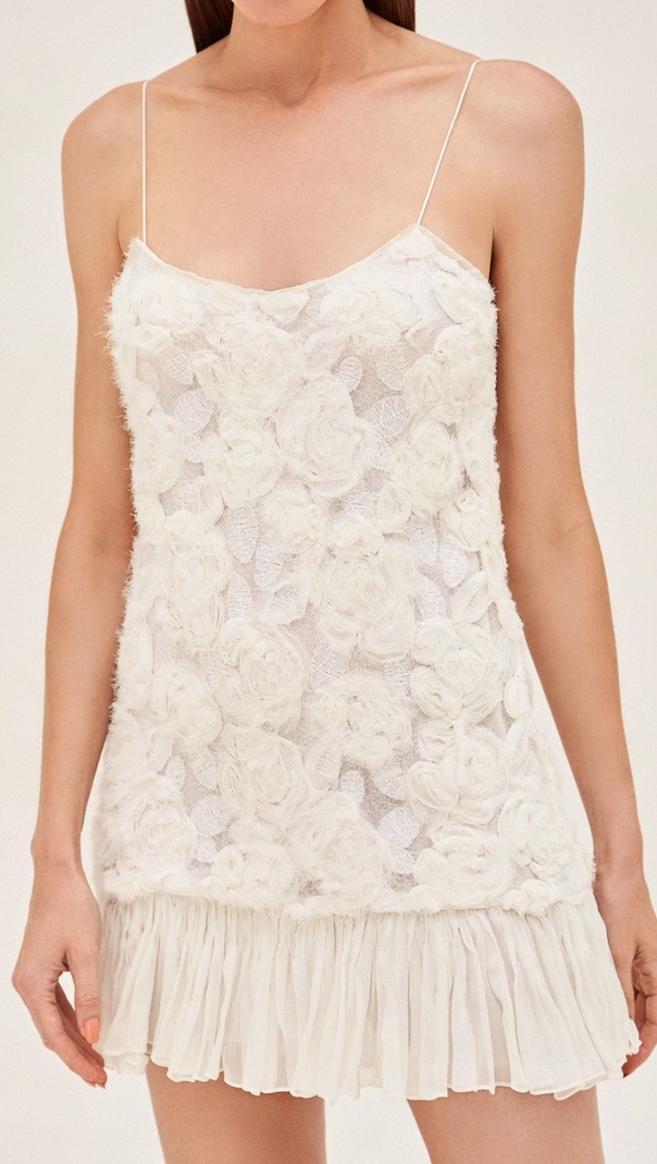 AIIZIE FLORAL APPLIQUÉ PLEATED HEM MINI DRESS IN WHITE - product image