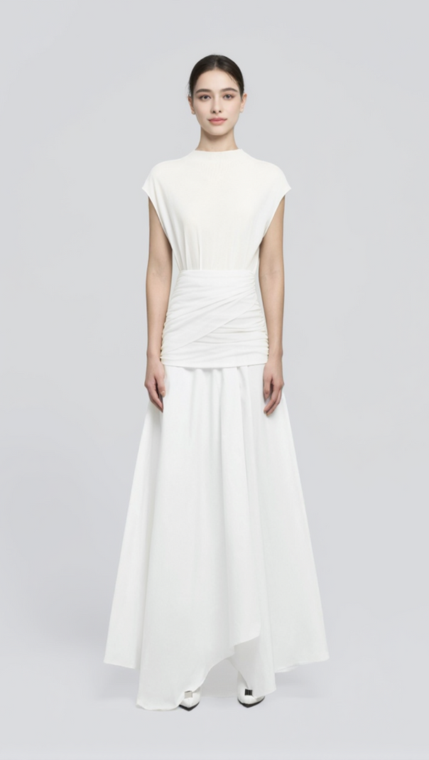 AIIZIE WHITE WAIST CROSS PLEATS MIDI DRESS WITH ASYMMETRIC HEMLINE - product image