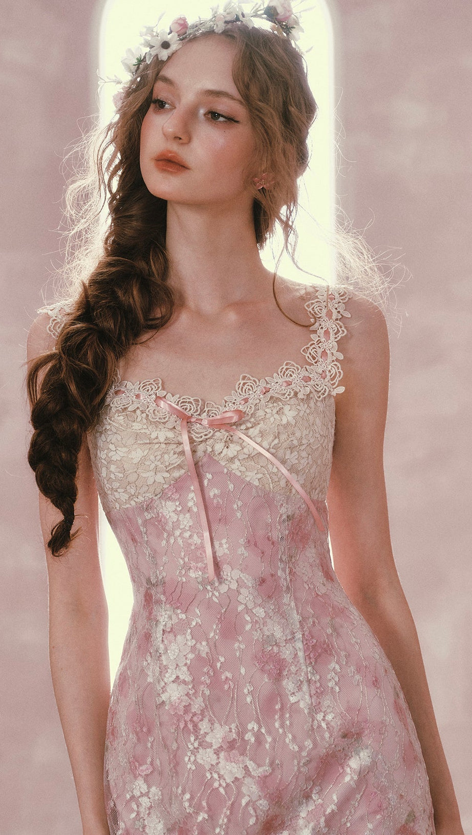 mandy Floral lace embroidery midi dress - pink