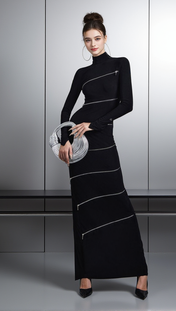 AIIZIE ALOYSIUS ZIPPER BODYCON MAXI DRESS IN BLACK - product image