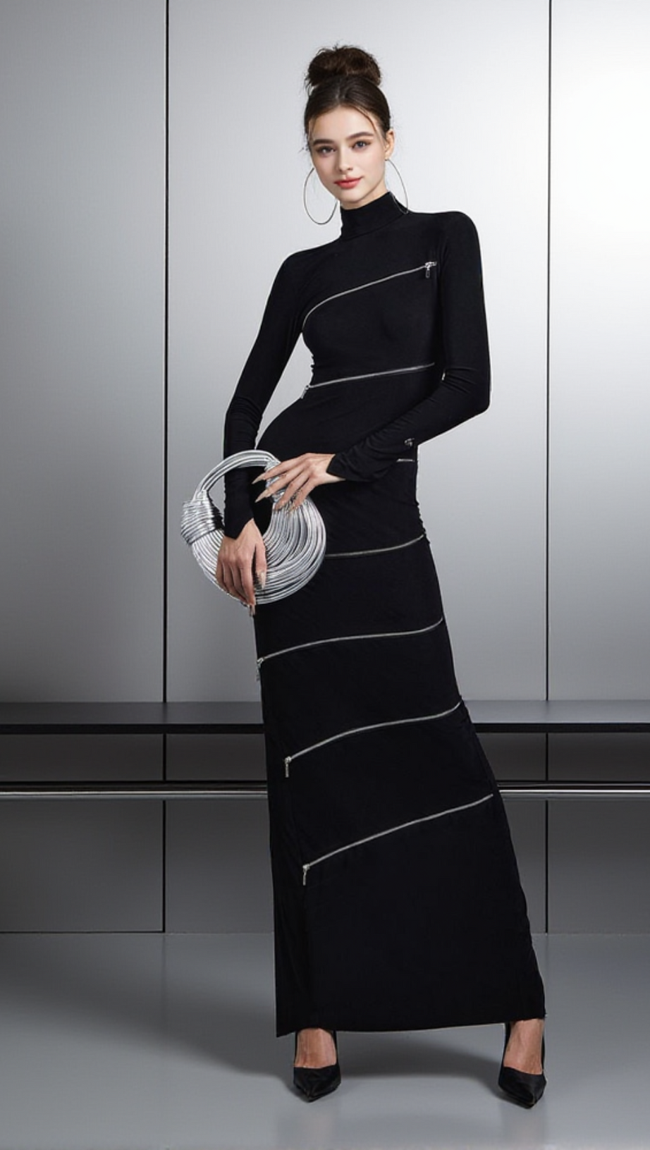 ALOYSIUS ZIPPER BODYCON MAXI DRESS IN BLACK