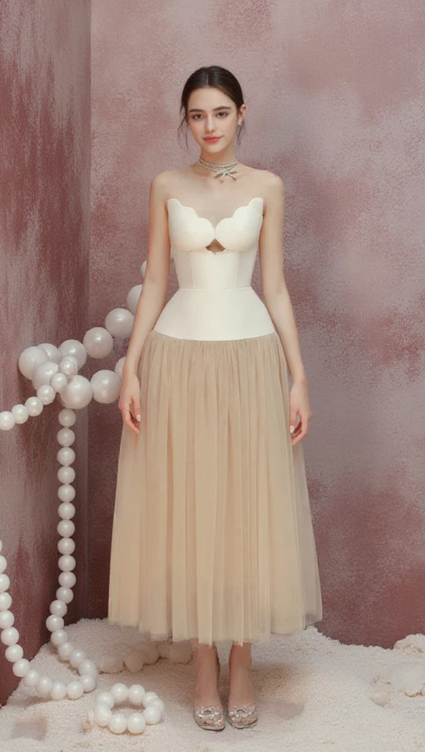 AIIZIE TWO-TONE HOLLOW TUBE TOP TULLE MIDI DRESS - product image