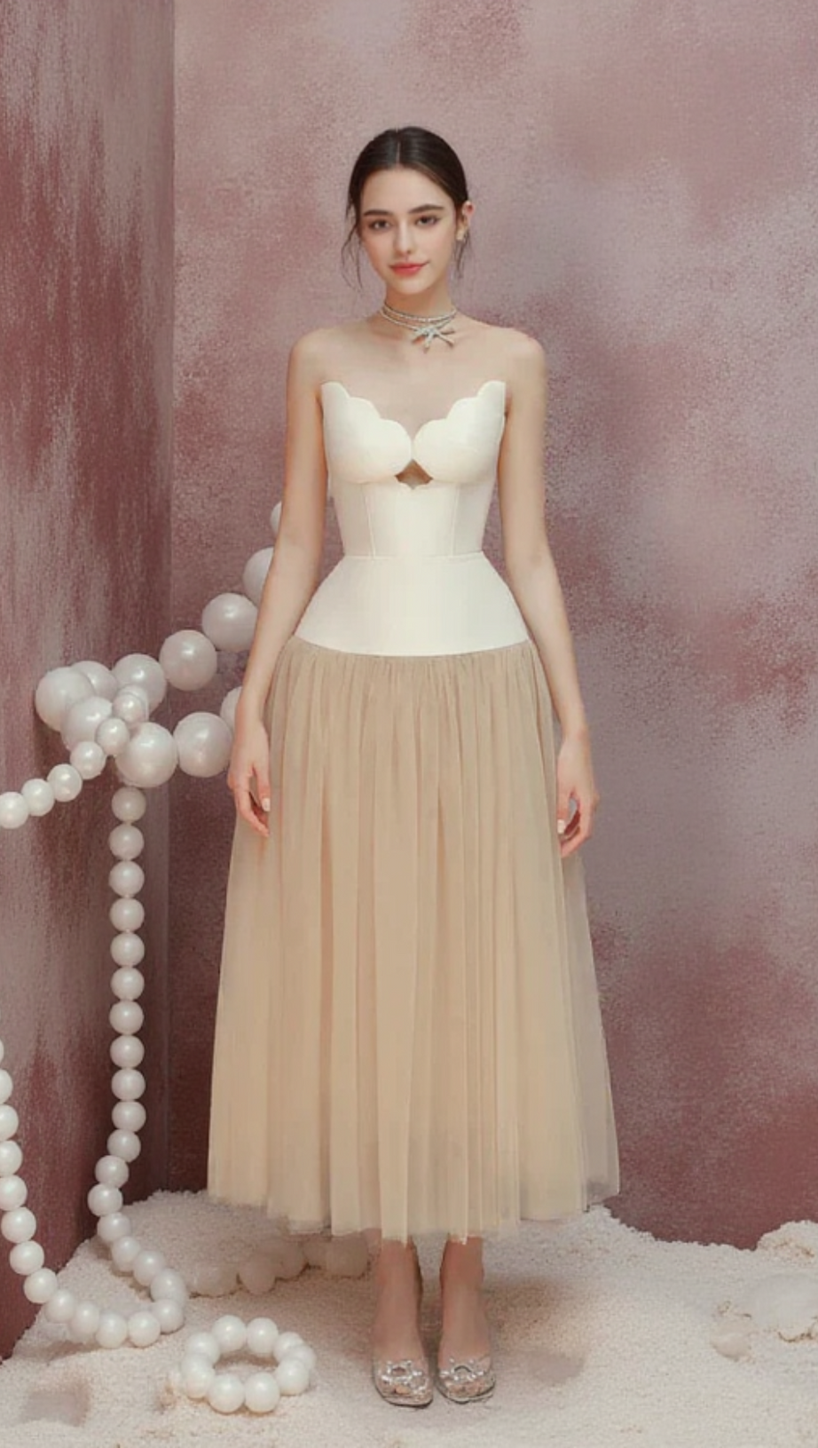 TWO-TONE HOLLOW TUBE TOP TULLE MIDI DRESS