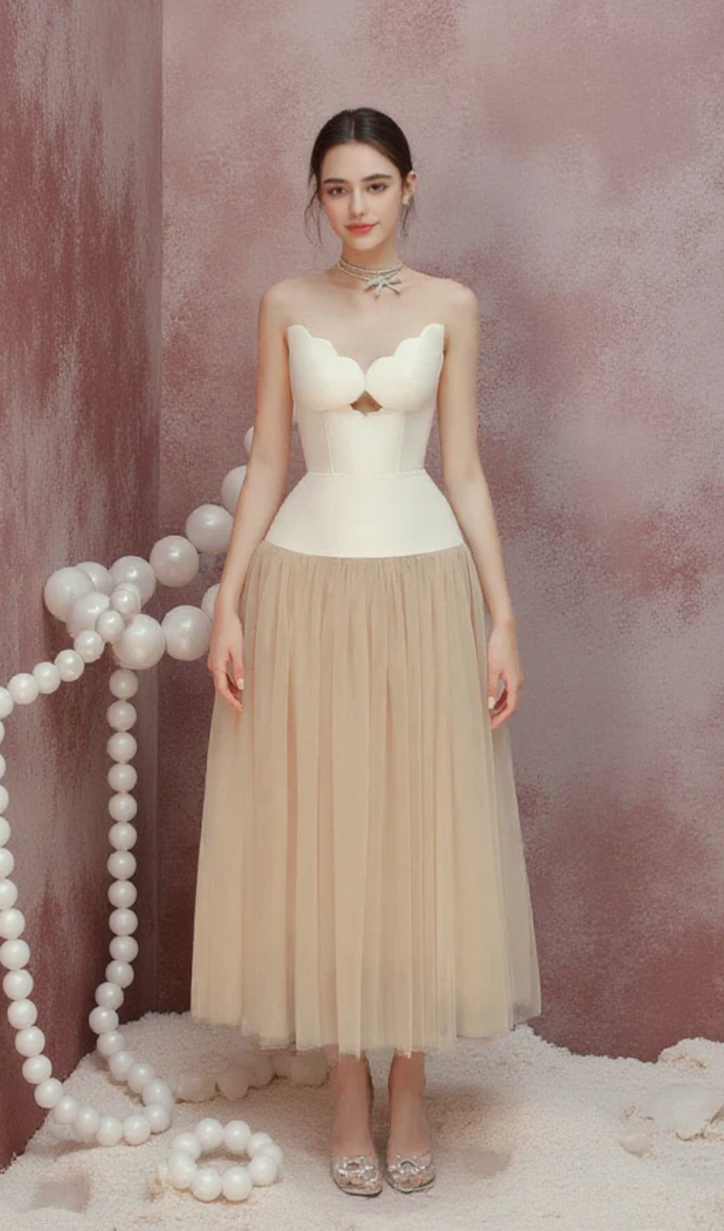 TWO-TONE HOLLOW TUBE TOP TULLE MIDI DRESS