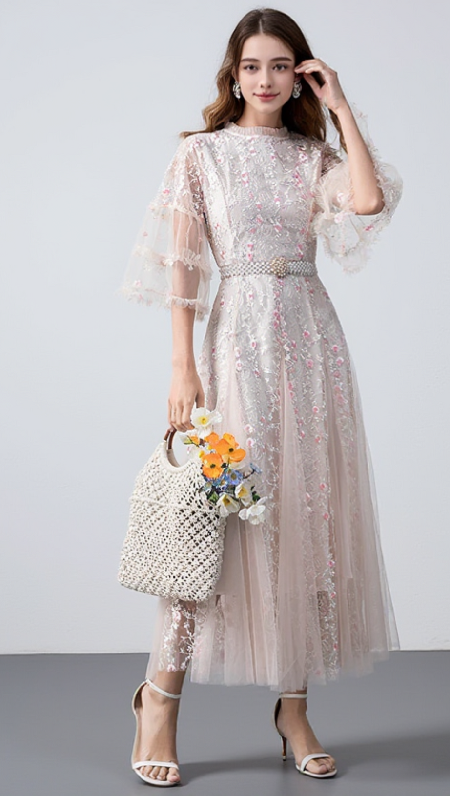 FLOWER MESH MIDI DRESS IN APRICOT