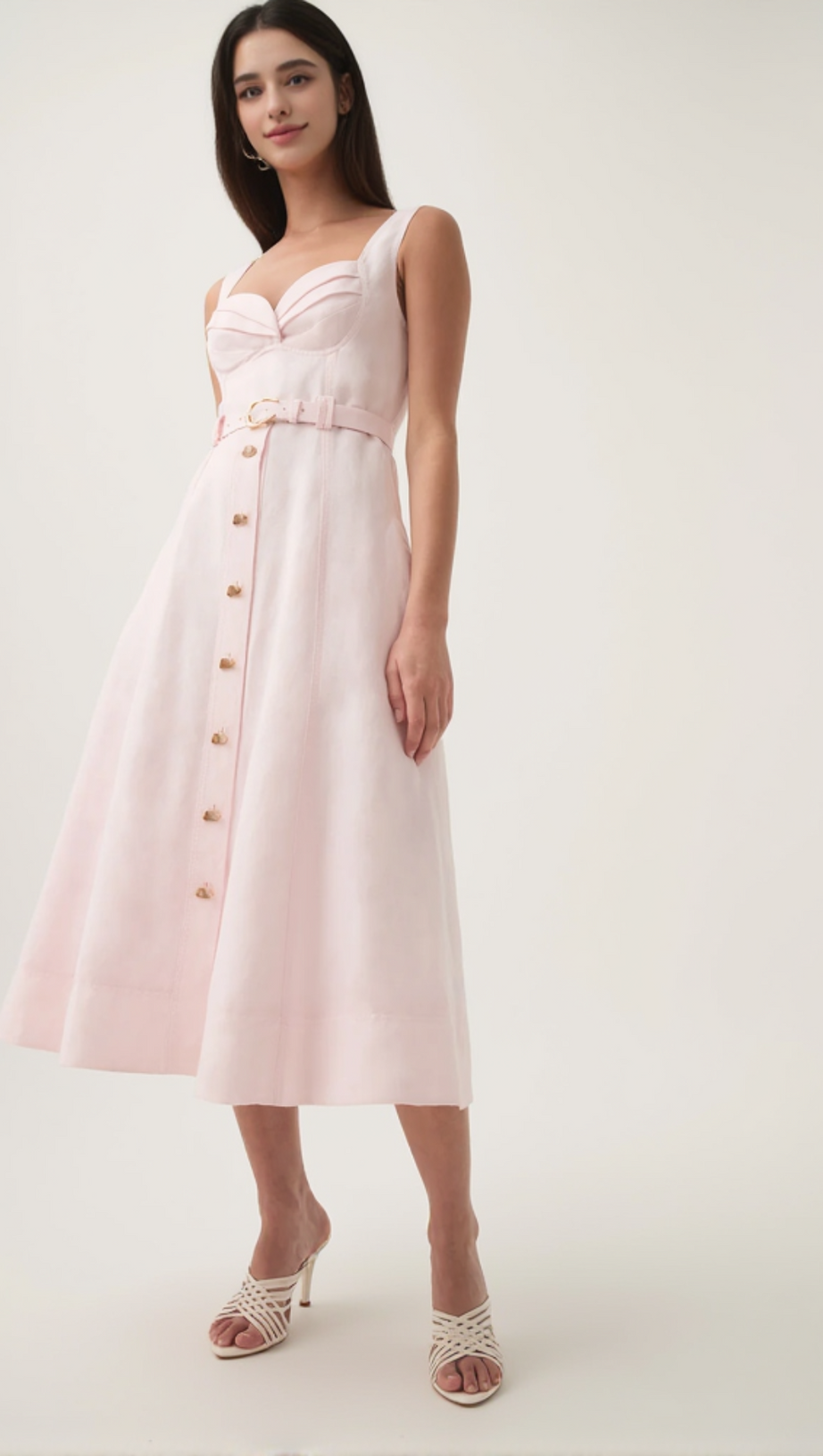 ABITO MIDI ROSA CON SCOLLO A CUORE E CINTURA