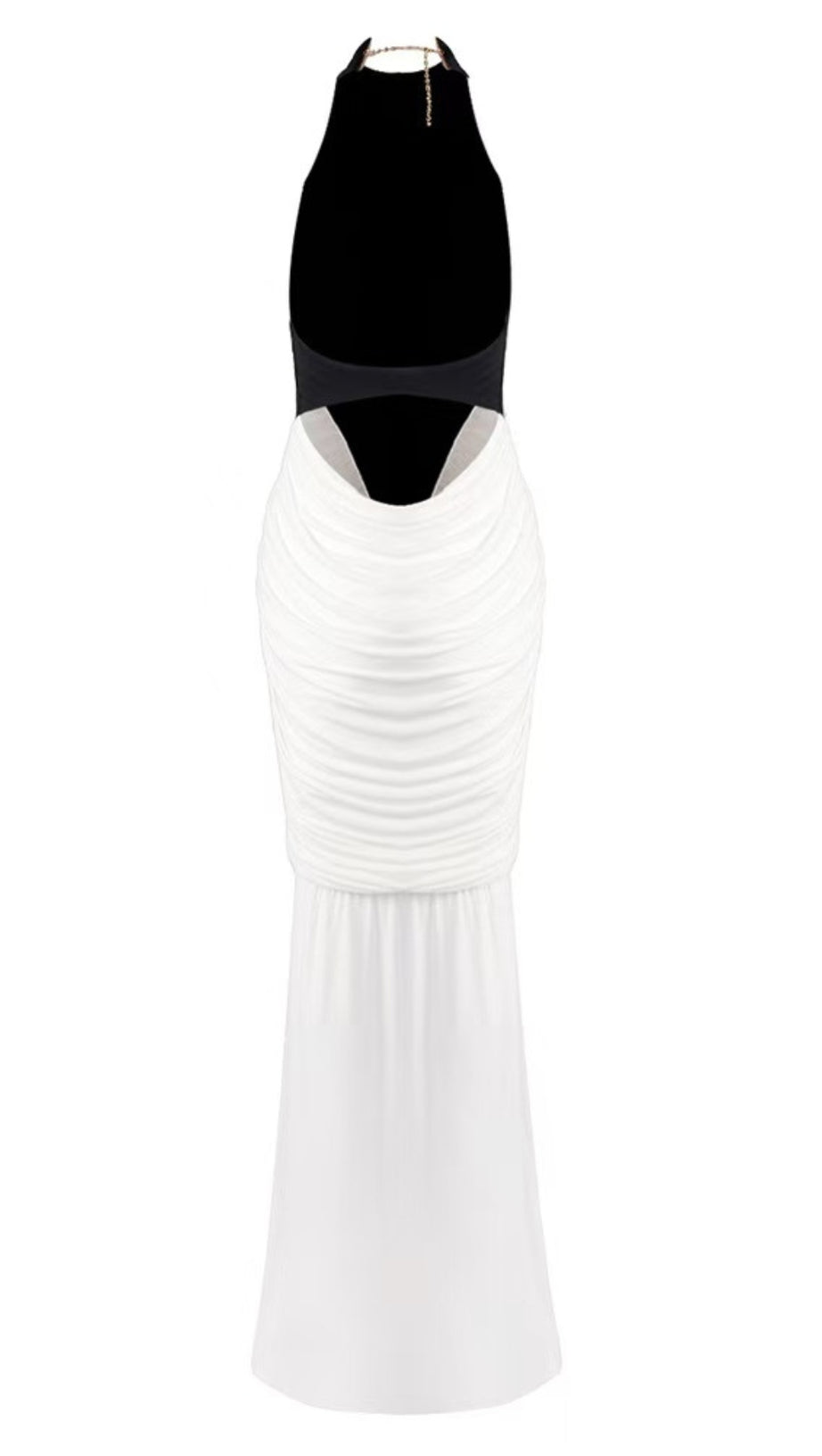 HIGH-CONTRAST HALTER MAXI GOWN WITH SCULPTURAL RUCHING