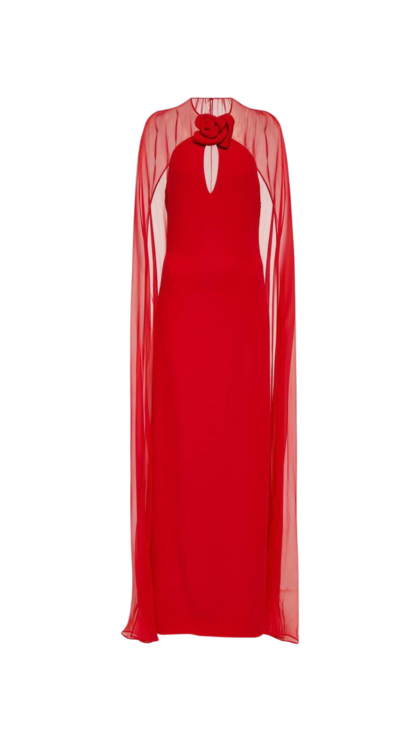 AIIZIE QUEENA 3D FLOWER SOLID CAPE SLEEVE MIDI DRESS IN RED - product image