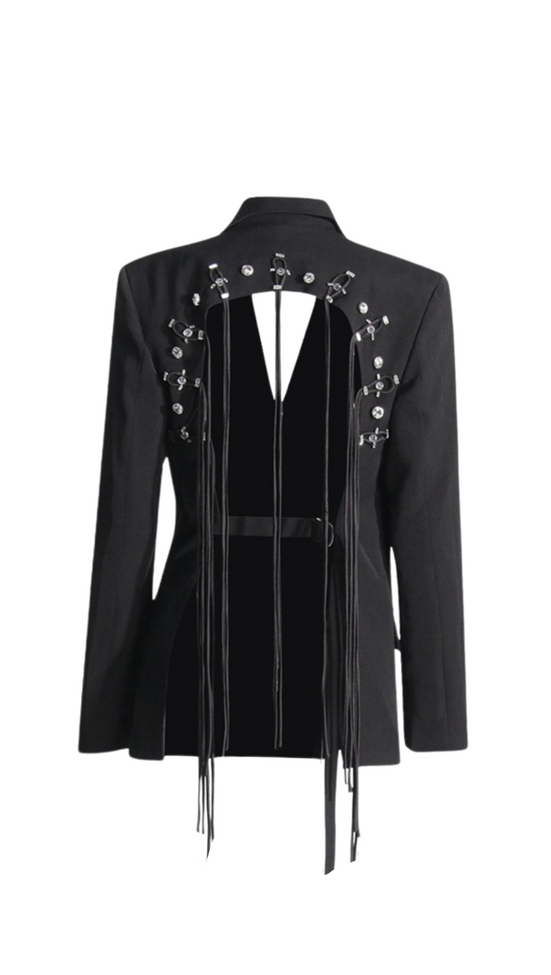 AIIZIE VIENNA HOLLOW FRINGE BACKLESS BLAZER IN BLACK - product image