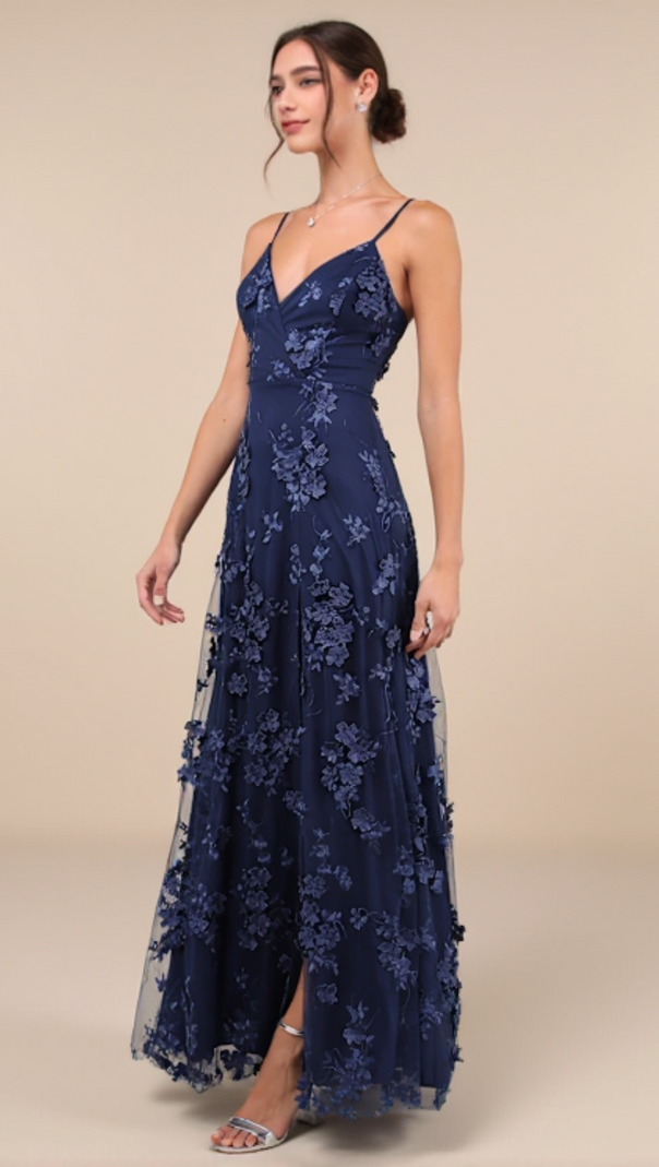 AIIZIE RARE PRESENCE NAVY BLUE 3D FLORAL SURPLICE MAXI DRESS - product image
