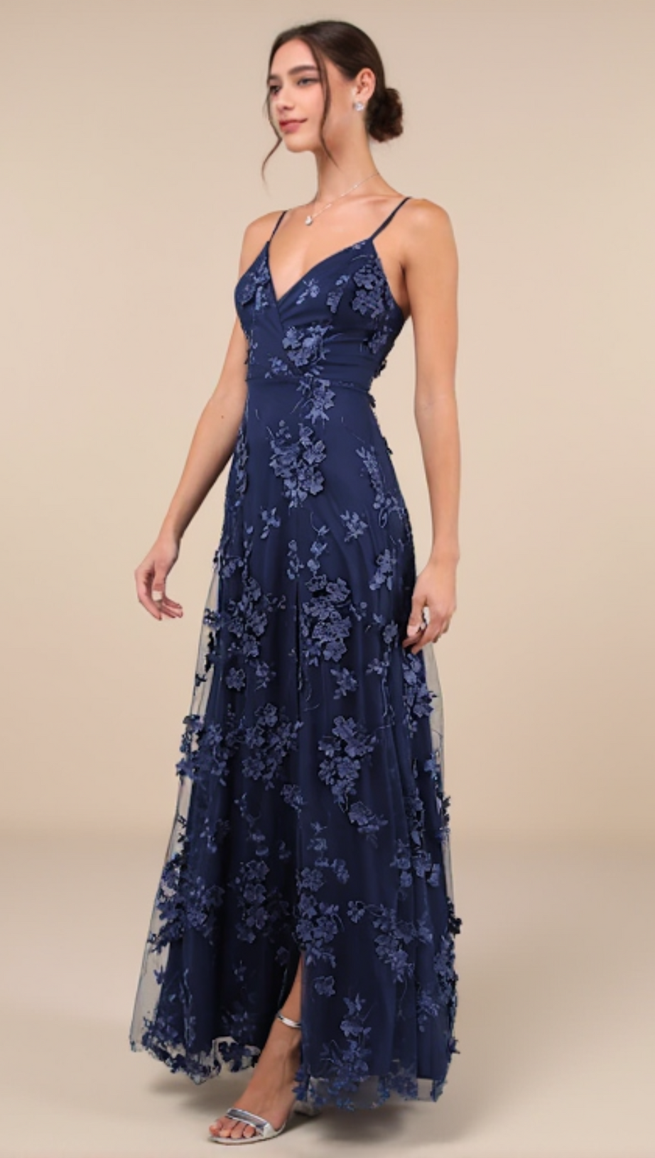 RARE PRESENCE NAVY BLUE 3D FLORAL SURPLICE MAXI DRESS