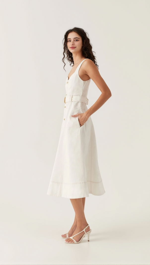 AIIZIE SWEETHEART NECKLINE BELTED MIDI DRESS IN IVORY - product image